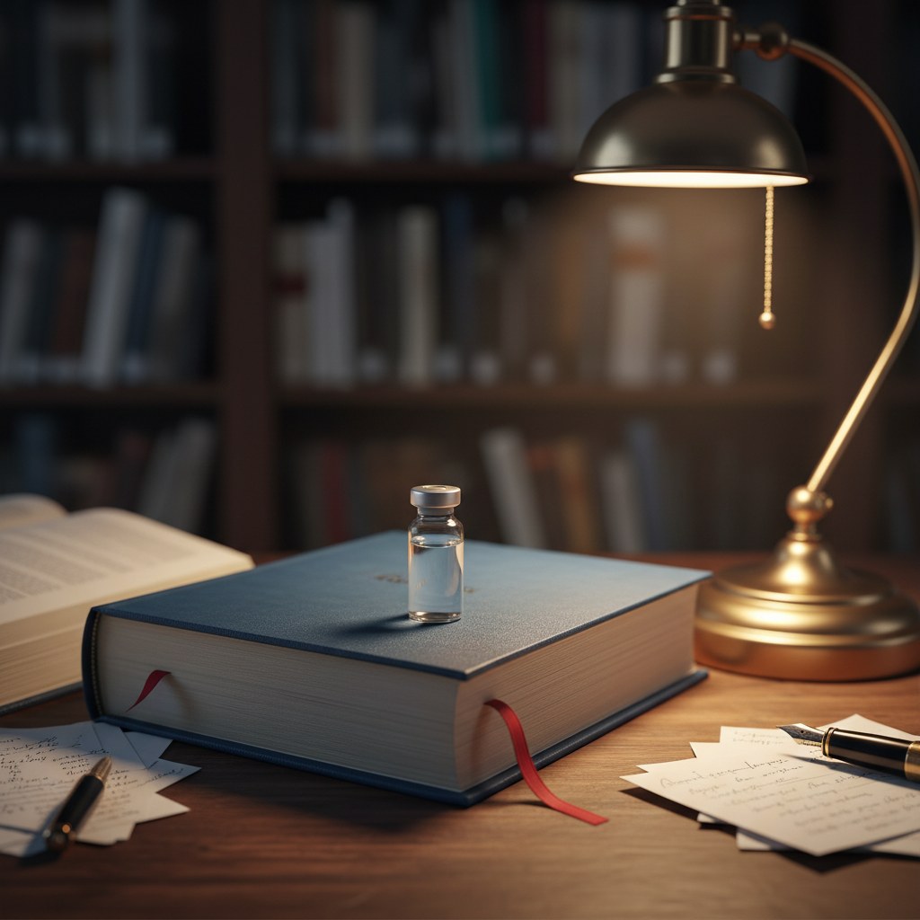 Peptide vial atop a clinical reference textbook with bookmark under a warm desk lamp